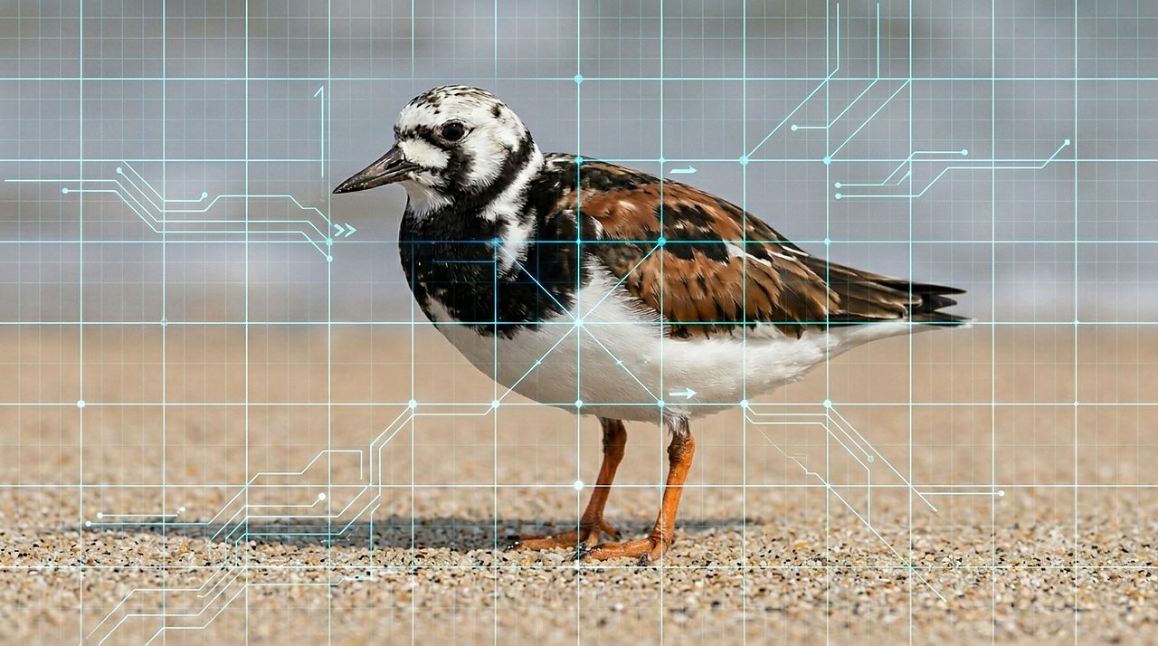 A ruddy turnstone (Arenaria interpres) on a sandy shore, overlaid with cyan circuit-board traces